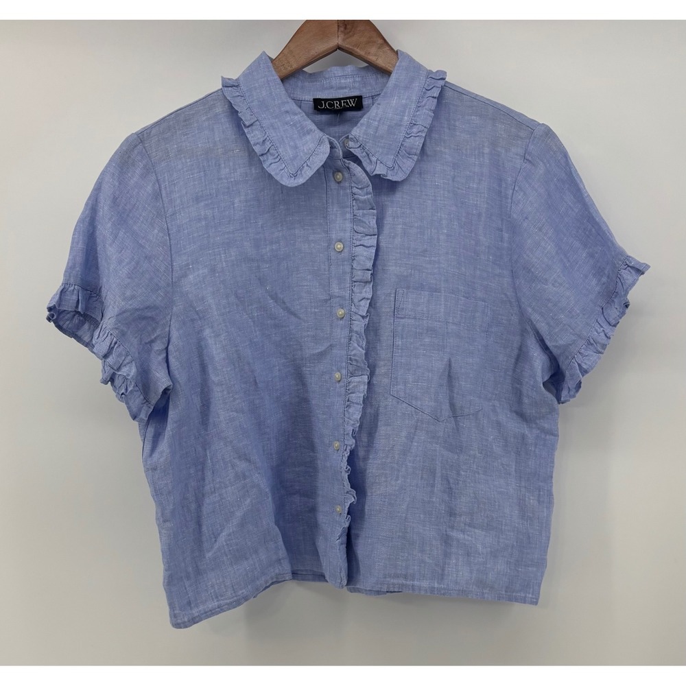 J. Crew Linen Blouse Women's Medium Ruffle Trim Short Sleeve Chambray Blue NWT